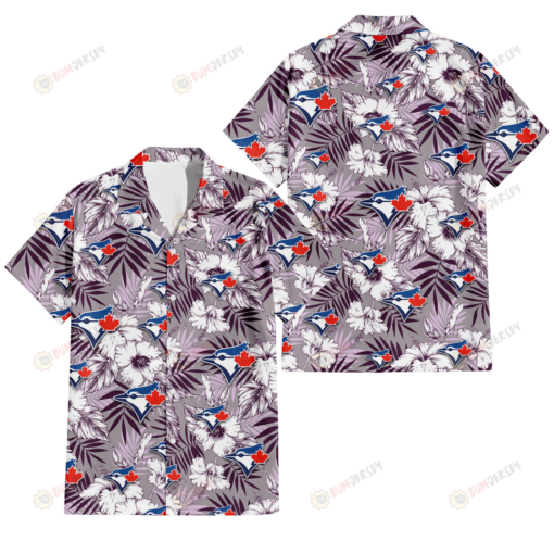 Toronto Blue Jays White Hibiscus Violet Leaves Light Grey Background 3D Hawaiian Shirt