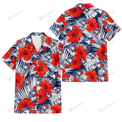 Toronto Blue Jays White Tropical Leaf Red Hibiscus Navy Background 3D Hawaiian Shirt