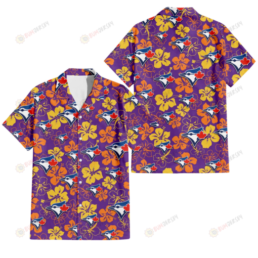 Toronto Blue Jays Yellow And Orange Hibiscus Purple Background 3D Hawaiian Shirt