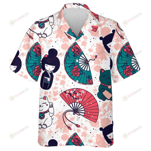 Traditional Asian Hand Paper Fans And Maneki Neko Cat Hawaiian Shirt