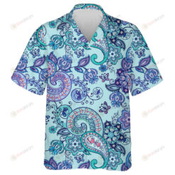 Traditional Oriental Paisley Flower Butterfly Pattern On Turquoise Background Hawaiian Shirt