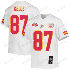 Travis Kelce 87 Kansas City Chiefs Super Bowl LVII Champions 3 Stars Youth Jersey - White