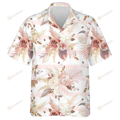 Trendy Dried Palm Leaves Blush Pink And Rust Rose Striped Design Hawaiian Shirt