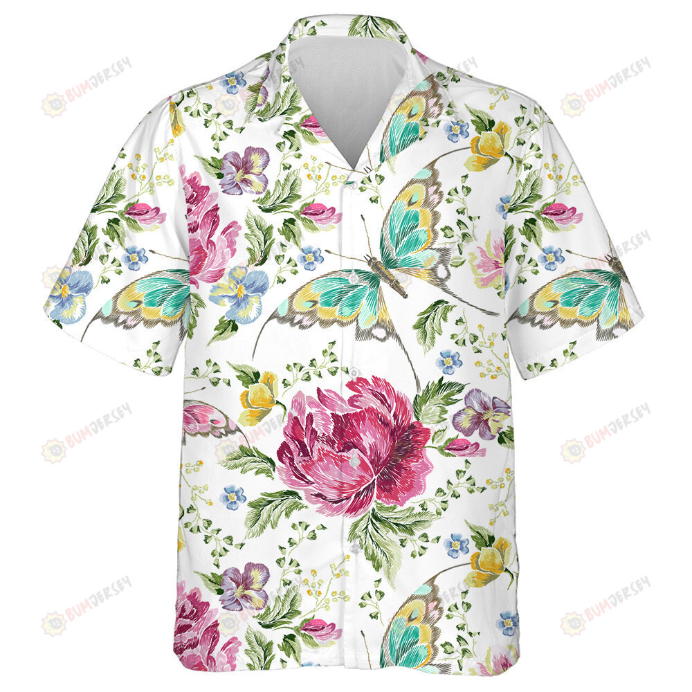 Trendy Embroidery Butterfly With Roses Violets Hawaiian Shirt