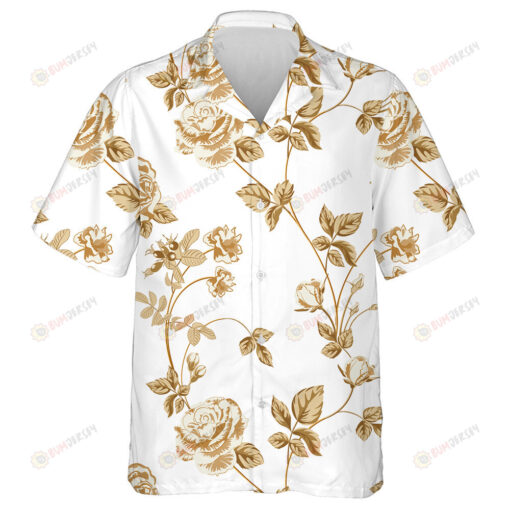 Trendy Floral Background With Golden Roses Flowers Design Hawaiian Shirt