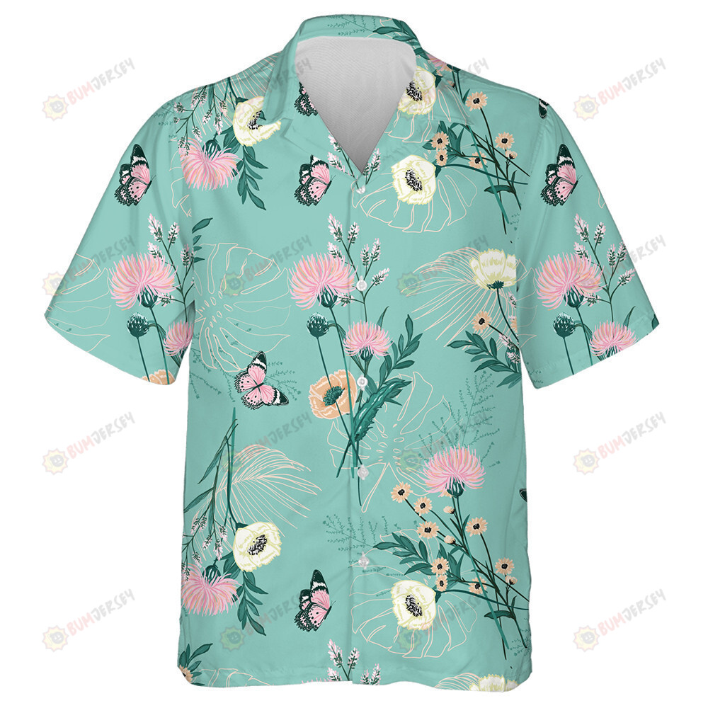 Trendy Pastel Variety Of Garden Flowers And Butterflies Hawaiian Shirt