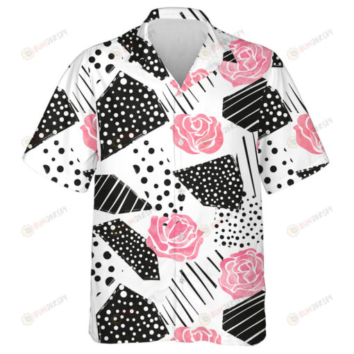 Trendy Pink Roes Black White Dots And Stripes Design Hawaiian Shirt