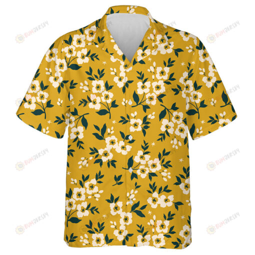 Trendy Small White Flowers And Leaves On Yellow Background Hawaiian Shirt