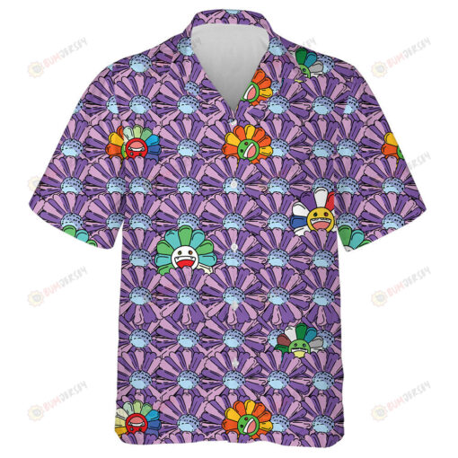 Trendy Smile Sunflowers Icons Peeking On Violet Sunflowers Pattern Hawaiian Shirt