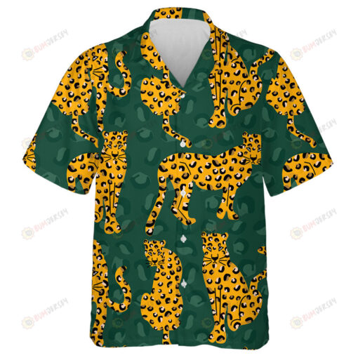 Trendy Yellow Leopards On Green Leopards Skin Hawaiian Shirt