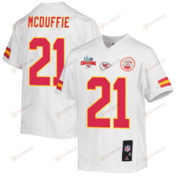 Trent McDuffie 21 Kansas City Chiefs Super Bowl LVII Champions 3 Stars Youth Jersey - White