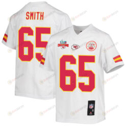 Trey Smith 65 Kansas City Chiefs Super Bowl LVII Champions 3 Stars Youth Jersey - White