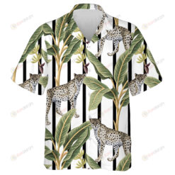 Tropical Banana Trees And Leopard Black And White Striped Hawaiian Shirt