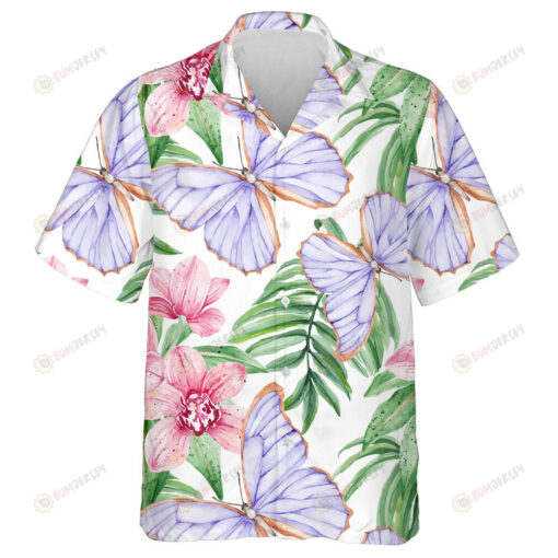 Tropical Butterflies And Pink Orchids On White Hawaiian Shirt