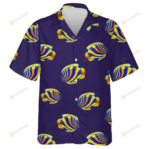 Tropical Fishes With Blue And Yellow Wavy Stripes On Dark Purple Background Hawaiian Shirt