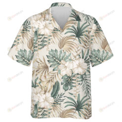 Tropical Floral Foliage Palm Leaves And Hibiscus Flower Pattern Hawaiian Shirt