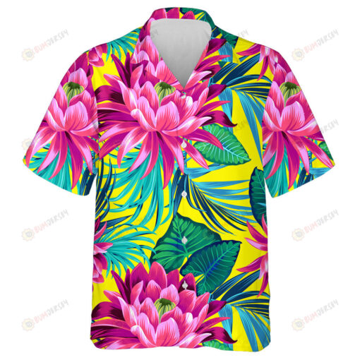 Tropical Floral Waterlily Lotus Flowers And Leaves Art Pattern Hawaiian Shirt