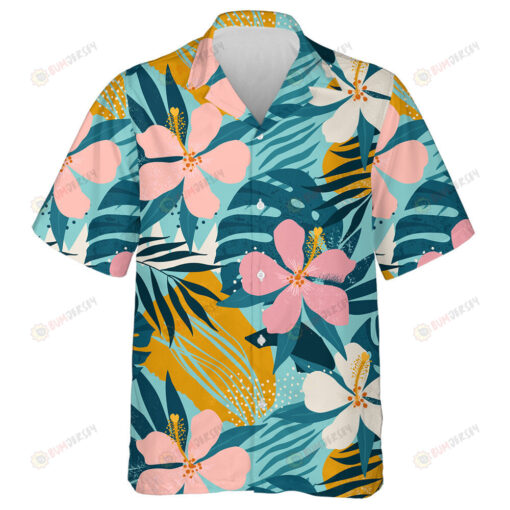 Tropical Flowers And Artistic Palm Leaves On Aqua Blue Background Hawaiian Shirt