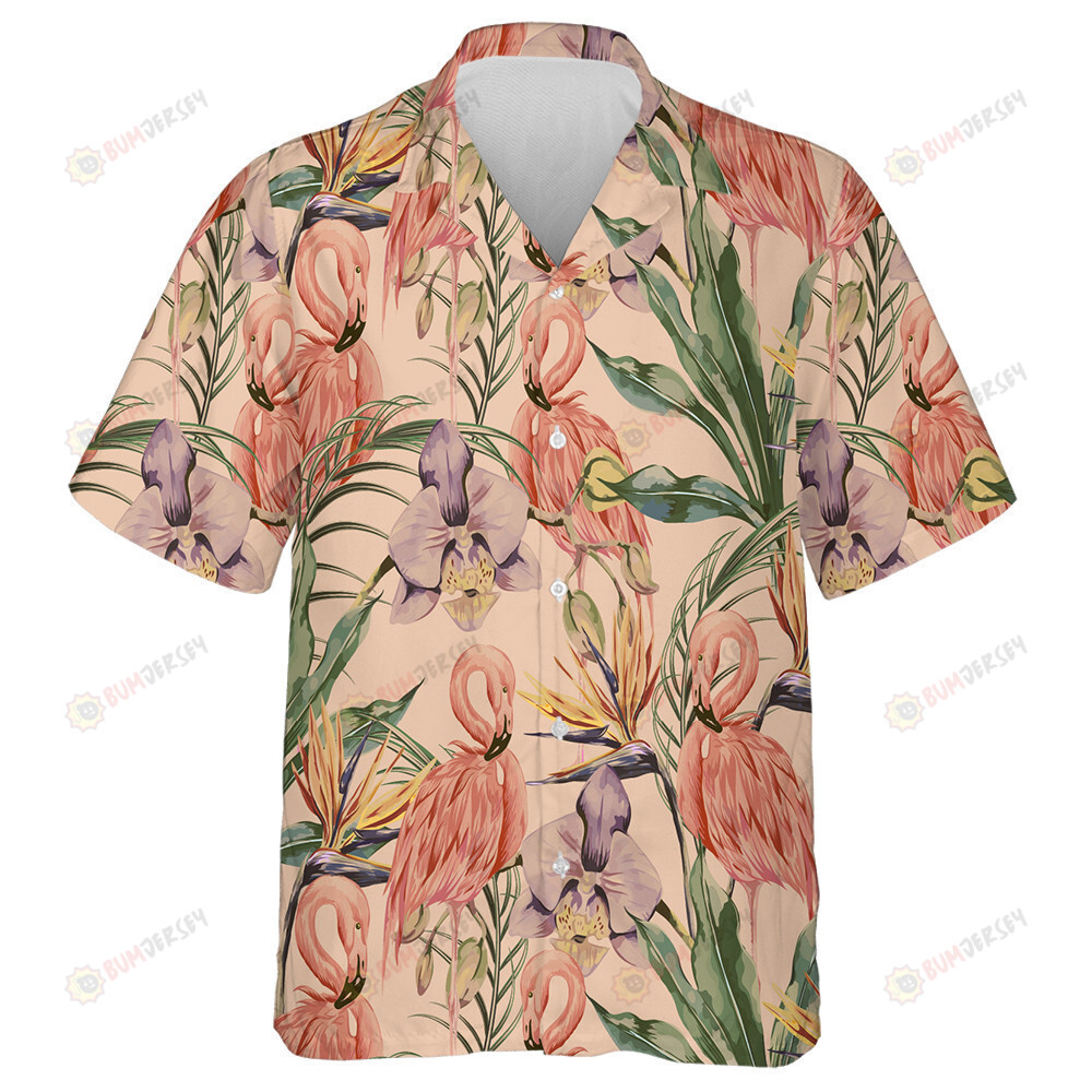 Tropical Flowers Palm Leave With Beautiful Flamingo Hawaiian Shirt