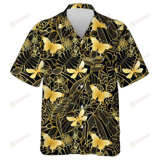 Tropical Flowers Plants With Golden Butterfly Hawaiian Shirt