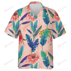 Tropical Green Banana Leaf Red Hibiscus Flower And Leopard Hawaiian Shirt