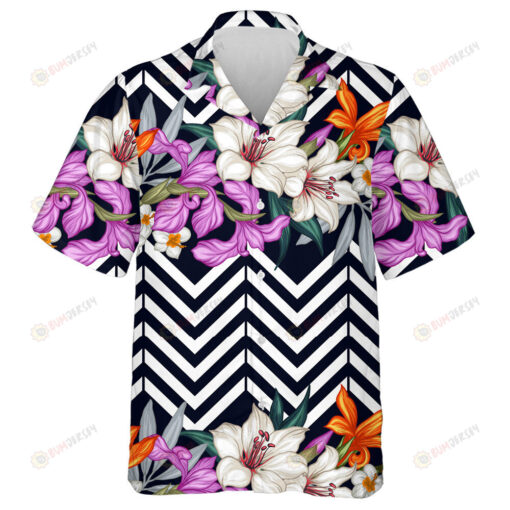 Tropical Leaves Flowers On Black White Chevron Background Design Hawaiian Shirt