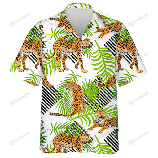 Tropical Leopards Palm Leaves And Stripes Style Hawaiian Shirt