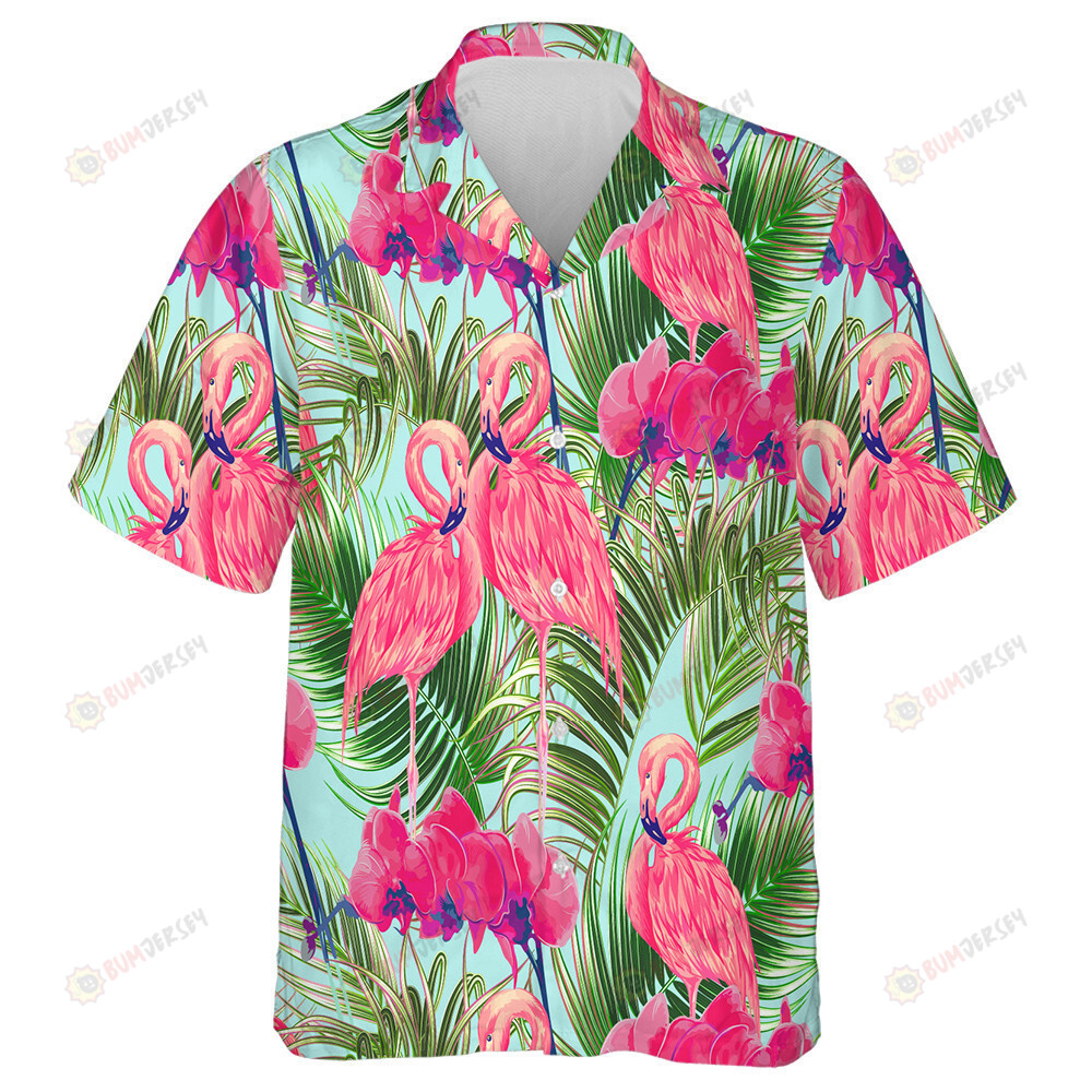 Tropical Palm Leaves And Orchid With Couple Flamingo Hawaiian Shirt