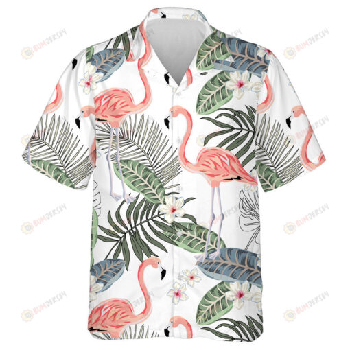 Tropical Pink Flamingo Plumeria flowers And Palm Leaves Hawaiian Shirt