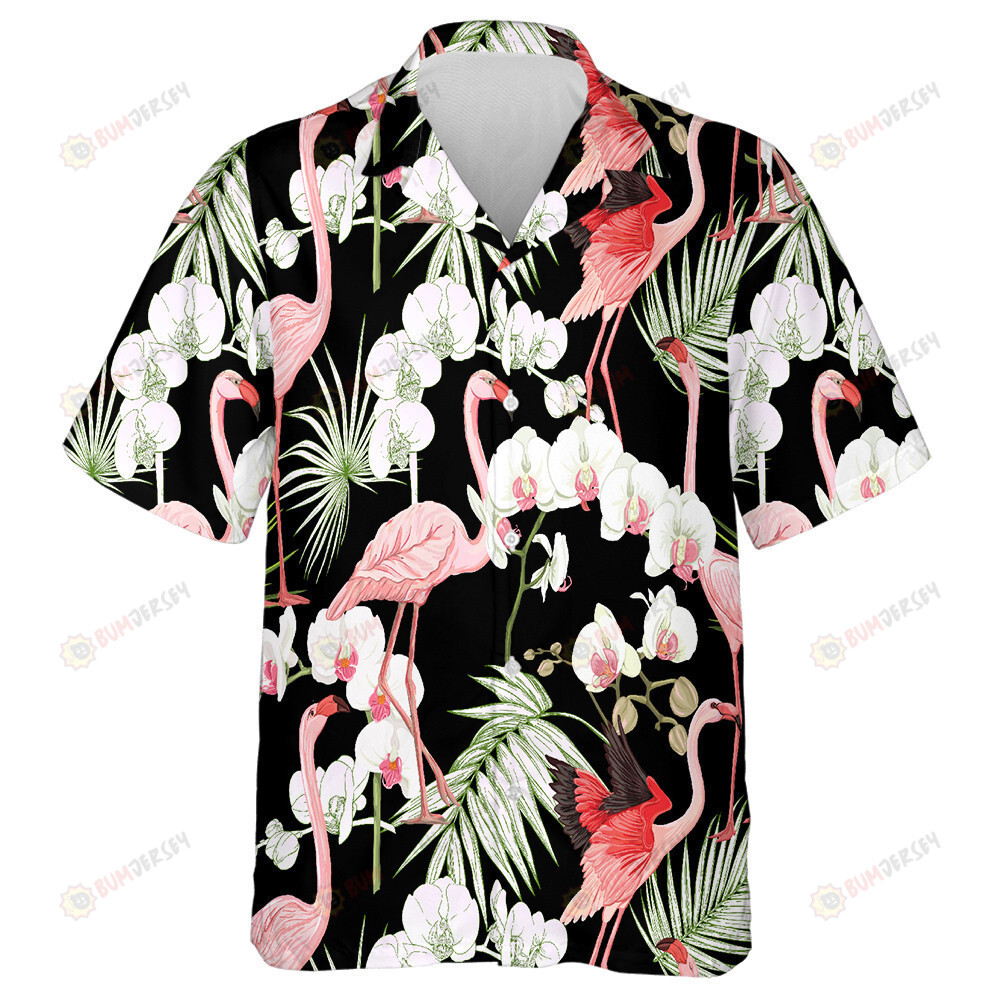 Tropical Plants White Orchid Flowers And Flamingo Hawaiian Shirt