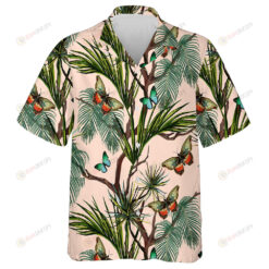 Tropical Summer Background With Butterflies A Palm Leaf Hawaiian Shirt