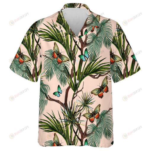 Tropical Summer Background With Butterflies A Palm Leaf Hawaiian Shirt