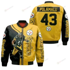 Troy Polamalu Pittsburgh Steelers Player Jersey Logo Bomber Jacket - Black And Yellow