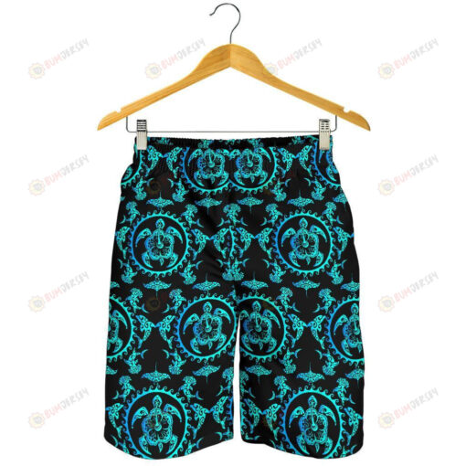 Turquoise Tribal Sea Turtle Hawaiian Mens Shorts - Print Shorts