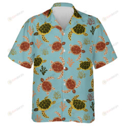 Turtles And Starfish On A Blue Background Hawaiian Shirt