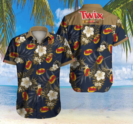 Twix Sweet Logo Floral And Leaves Pattern Curved Hawaiian Shirt