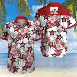 U2 Rock Band Floral And Leaves Pattern Curved Hawaiian Shirt In White And Red