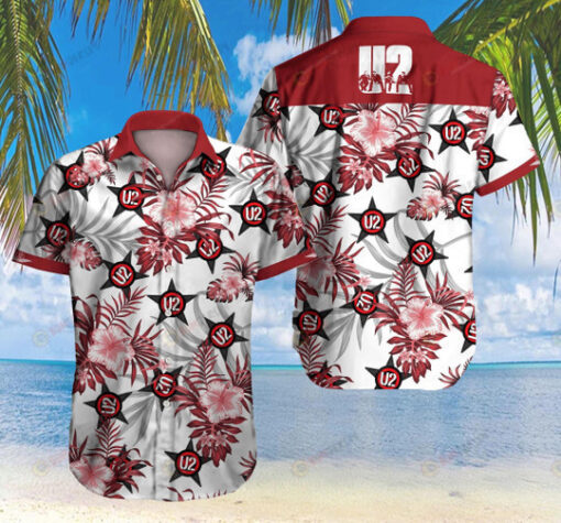 U2 Rock Band Floral And Leaves Pattern Curved Hawaiian Shirt In White And Red