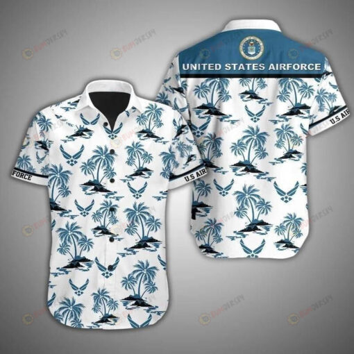 US Airforce Island White Turquoise Short Sleeve Curved Hawaiian Shirt