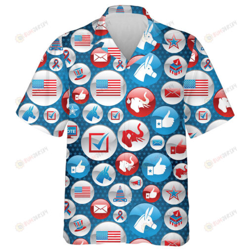 USA Elections Glossy Buttons Icon Pattern On Blue Background Hawaiian Shirt