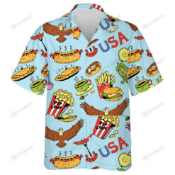 USA Fastfood Pattern With Eagle And USA Text On Blue Background Hawaiian Shirt