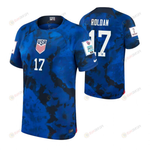 USA National Team 2022-23 Would Cup Patch Cristian Roldan 17 Blue Away Men Jersey