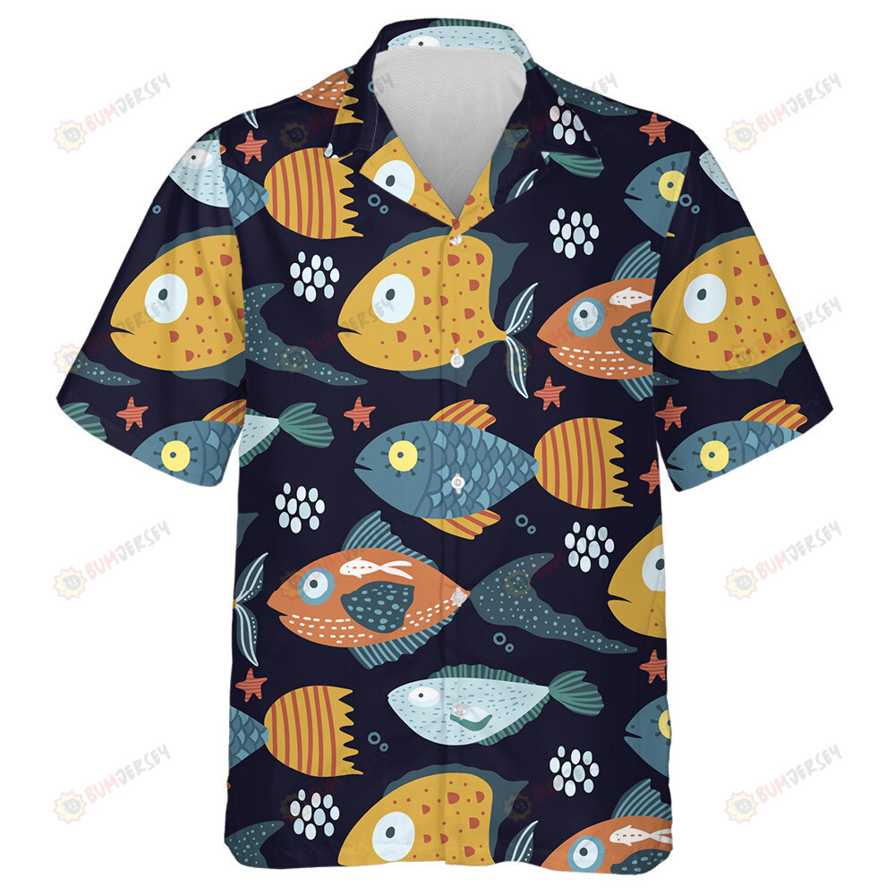 Underwater Cartoon Funny Fishes In The Dark Blue Sea Design Hawaiian Shirt