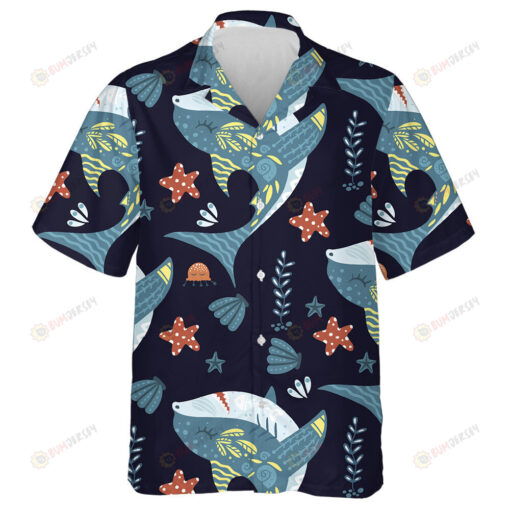 Underwater Cute Girly Shark And Seashell Cartoon Pattern Hawaiian Shirt