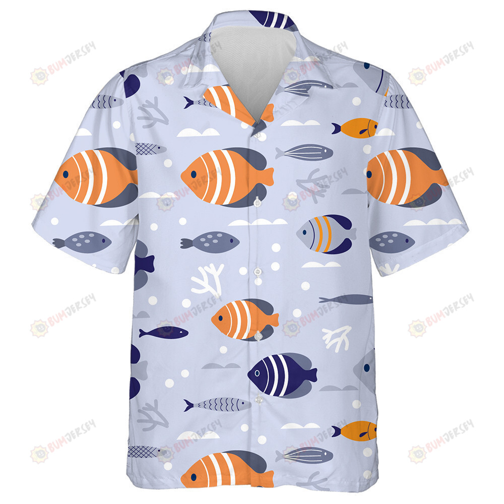 Underwater Fish Scene Batfish Blue And Orange Geometric Pattern Hawaiian Shirt