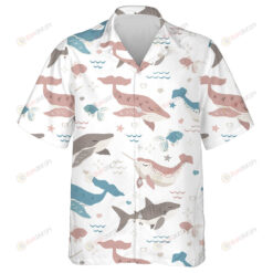 Underwater Life Of Cute Whales Shark And Norwhal Themed Design Hawaiian Shirt