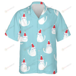Ute White Cat In Red Christmas Hat On Blue Hawaiian Shirt