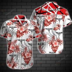 Van Halen Floral & Leaf Pattern Curved Hawaiian Shirt In White & Red
