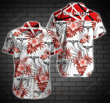 Van Halen Floral & Leaf Pattern Curved Hawaiian Shirt In White & Red