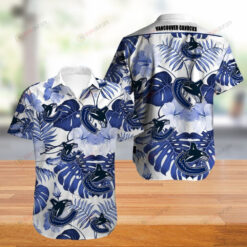 Vancouver Canucks Floral & Leaf Pattern Curved Hawaiian Shirt In White & Blue
